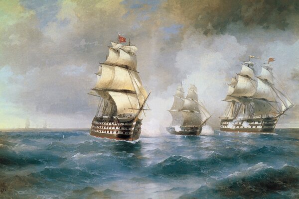 Aivazovsky s painting with ships at sea
