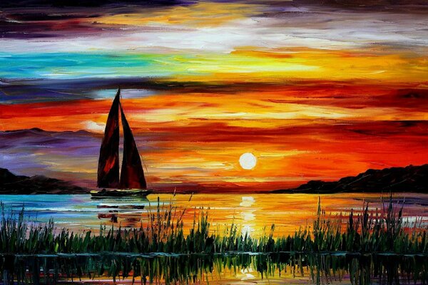 Leonid Afremov s painting with a boat at sunset