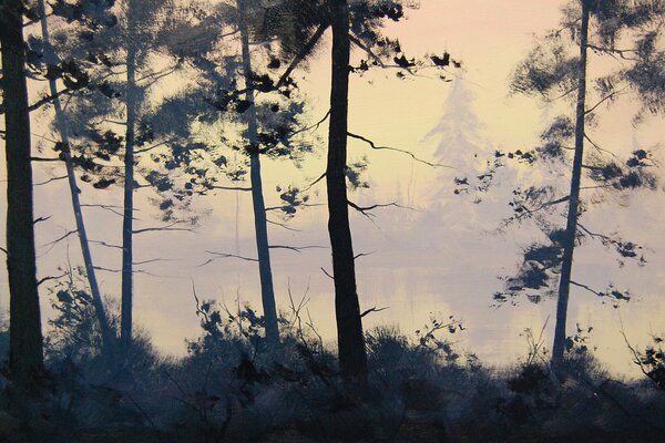 Dessin à l huile, brouillard sur le lac