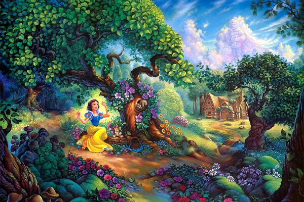 Blancanieves despierta en el bosque cerca de la casa de los enanos