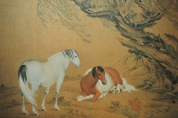 Pintura China. Un par de caballos