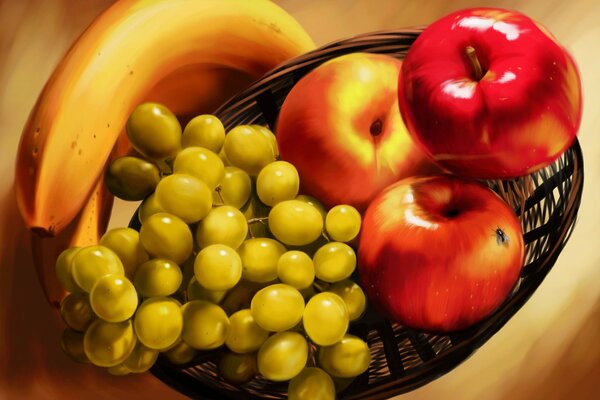 Naturaleza muerta con plátanos, Manzanas y uvas