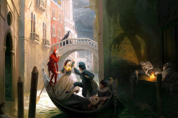 Menschen im Boot, Venedig in der Dämmerung
