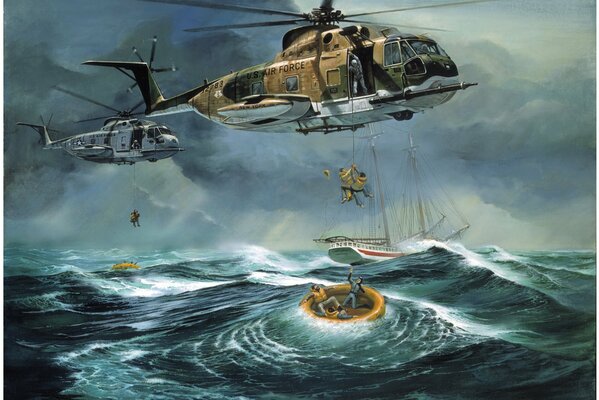 Helicopters rescue people in the Atlantic Ocean