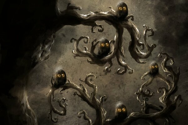 Big-eyed owls on a tree