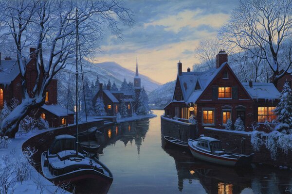 Winter evening on the river bank