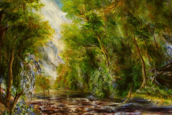 Картина с ручьём и камнями в лесу
