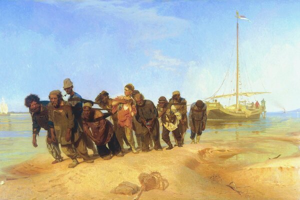 Peinture Repin. Burlaki sur la Volga