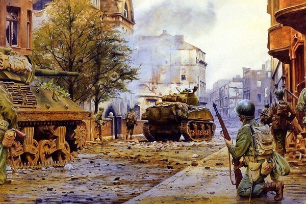 Tank Sherman on the street of the permitted city