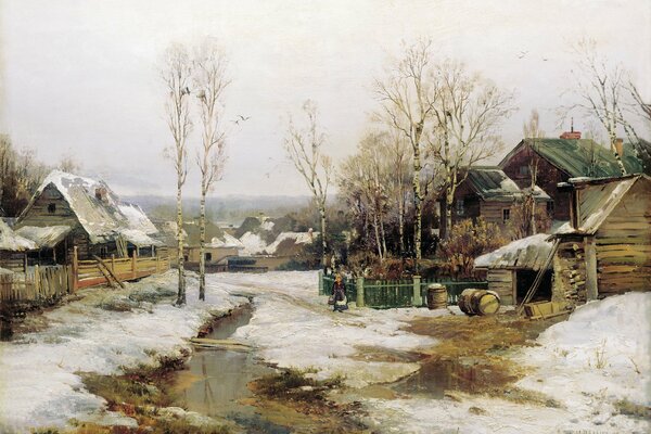 Peinture fond la neige dans le village