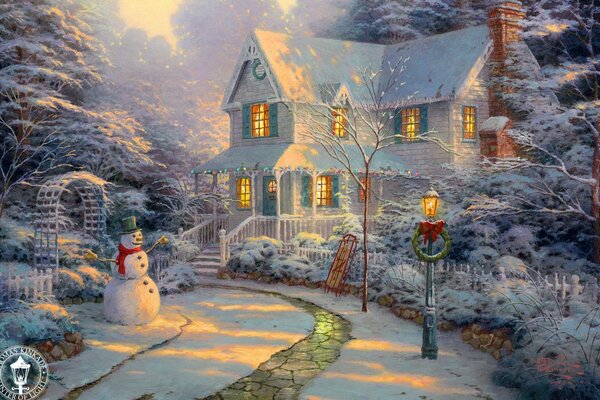 Pittura la notte prima di Natale pupazzo di neve
