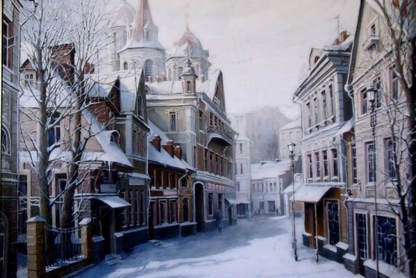 Snow-covered city painting by Starodubov