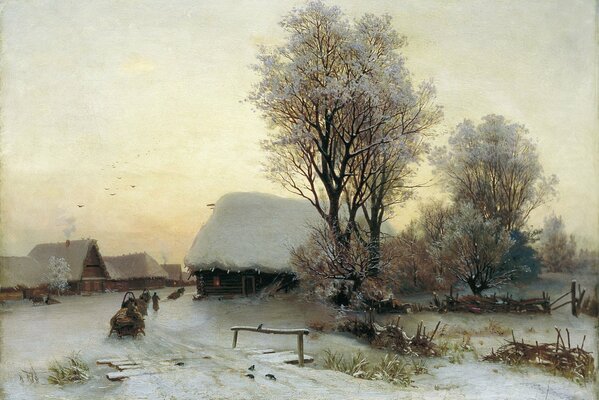 Painting Winter evening in the village of Yu. Author Kondratenko