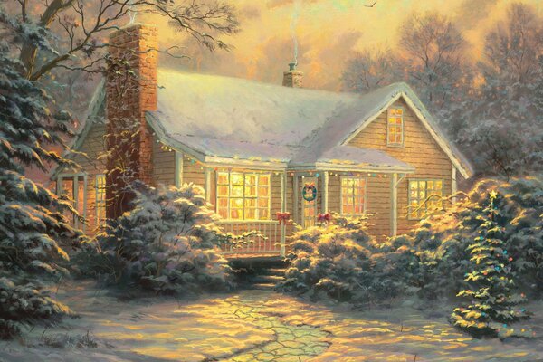 Christmas cottage at dusk in the picture