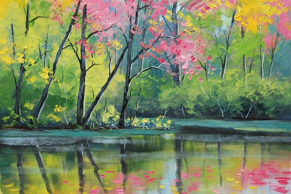 Kolorowy rysunek z drzewami i rzeką