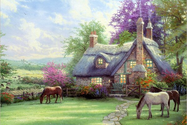 Cozy house on the lawn, surrounded by horses