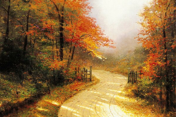 Осень раскрасила дорогу и лес в золотые краски