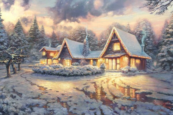 Country cottage house in the snow