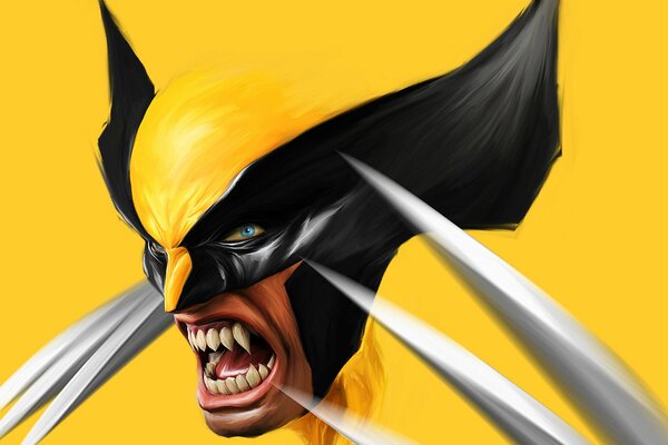 Art of a wolverine in a yellow and black suit with blue eyes on a yellow background