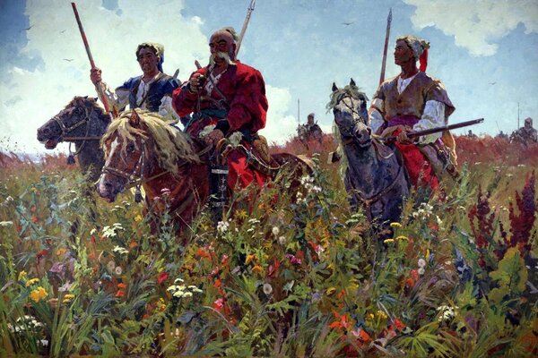 A painting depicting three Cossacks on a horse