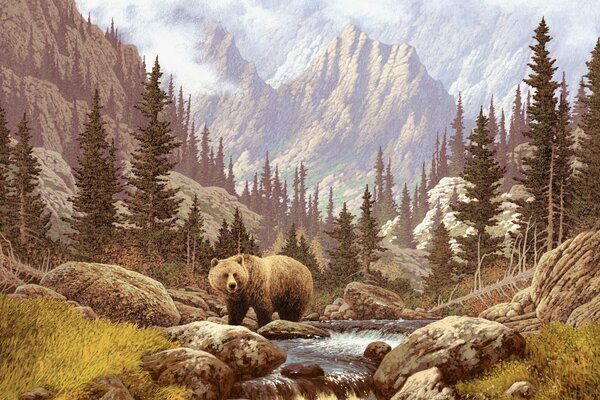Krajobraz z górami, rzeką i niedźwiedziem brunatnym