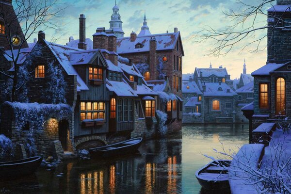 Pintura crepúsculo casas de invierno