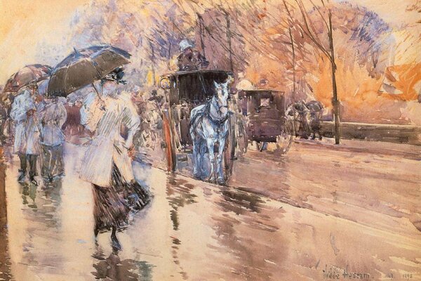 Les gens sous la pluie, peinture impressionnisme