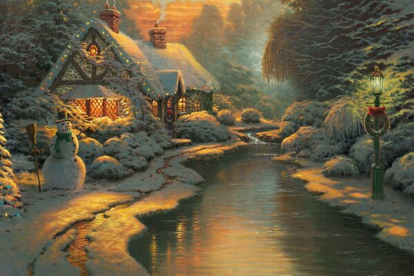 Winter New Year landscape lake house and snowman