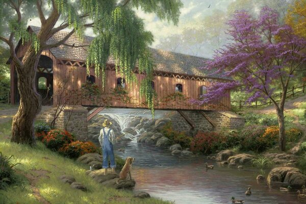 Рисунок дома через реку с деревьями