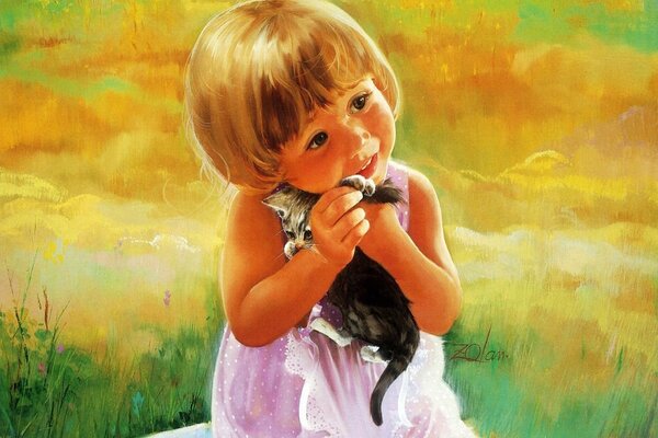 Fille avec chaton dans l herbe, peinture