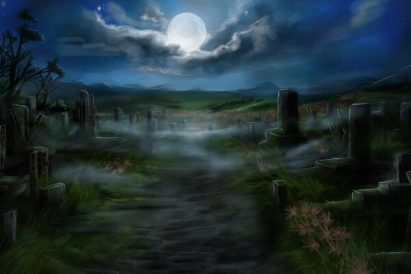 Загадочное кладбище в лунном свете