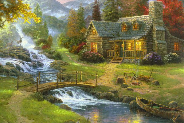 Арт рисунок греной реки и мостика, ведущего к дому со светящимися окнами