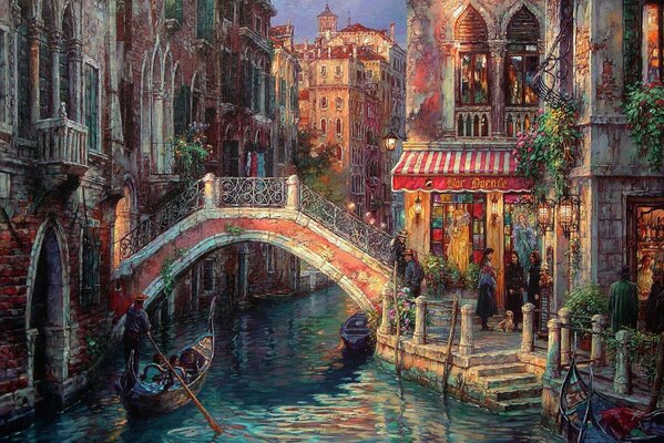 Oil painting of Venetian houses and Gondola