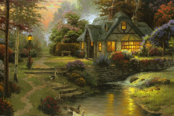 Pintura de Thomas Kincaid al atardecer