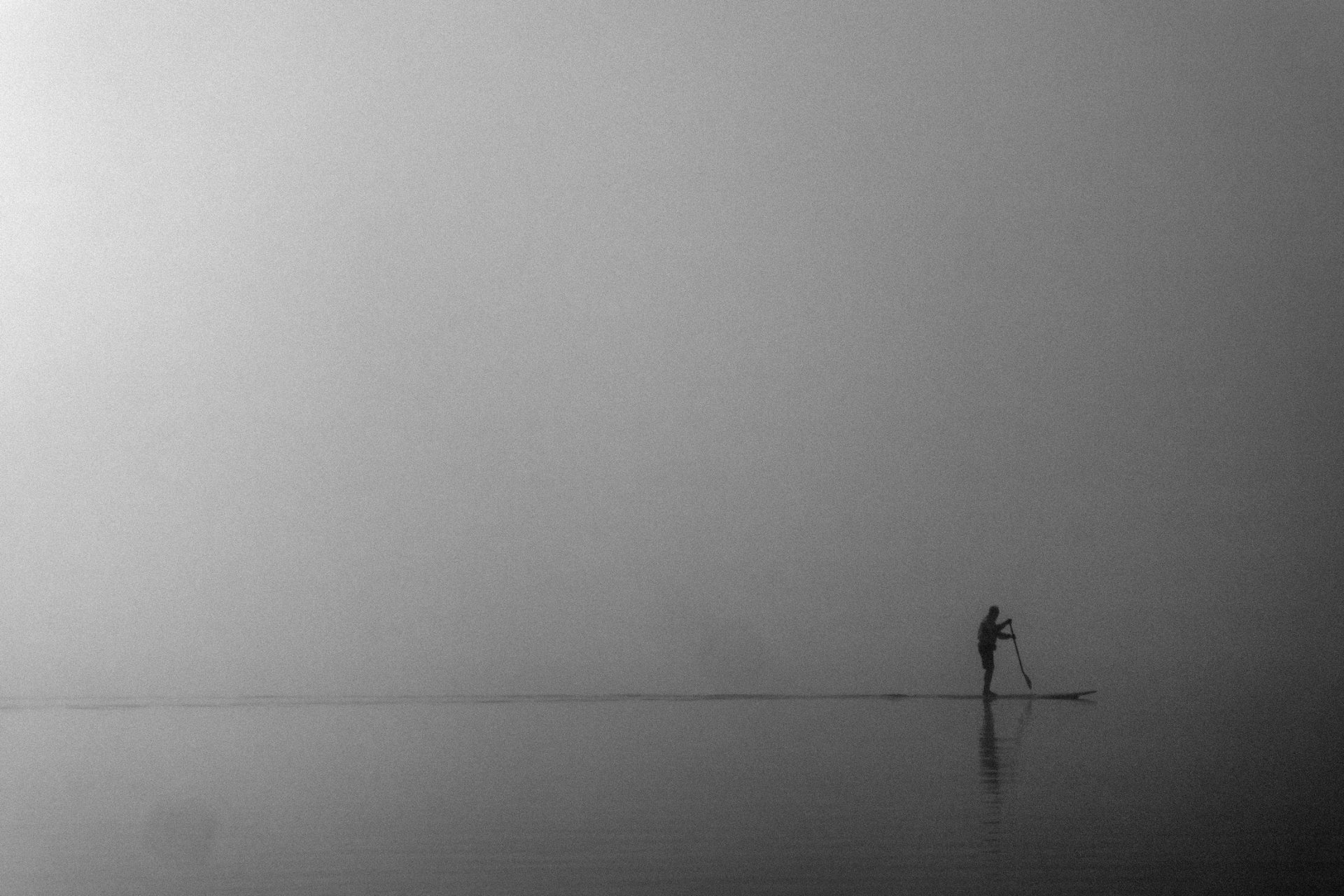 mężczyzna paddleboarding morze mgła wioślarstwo