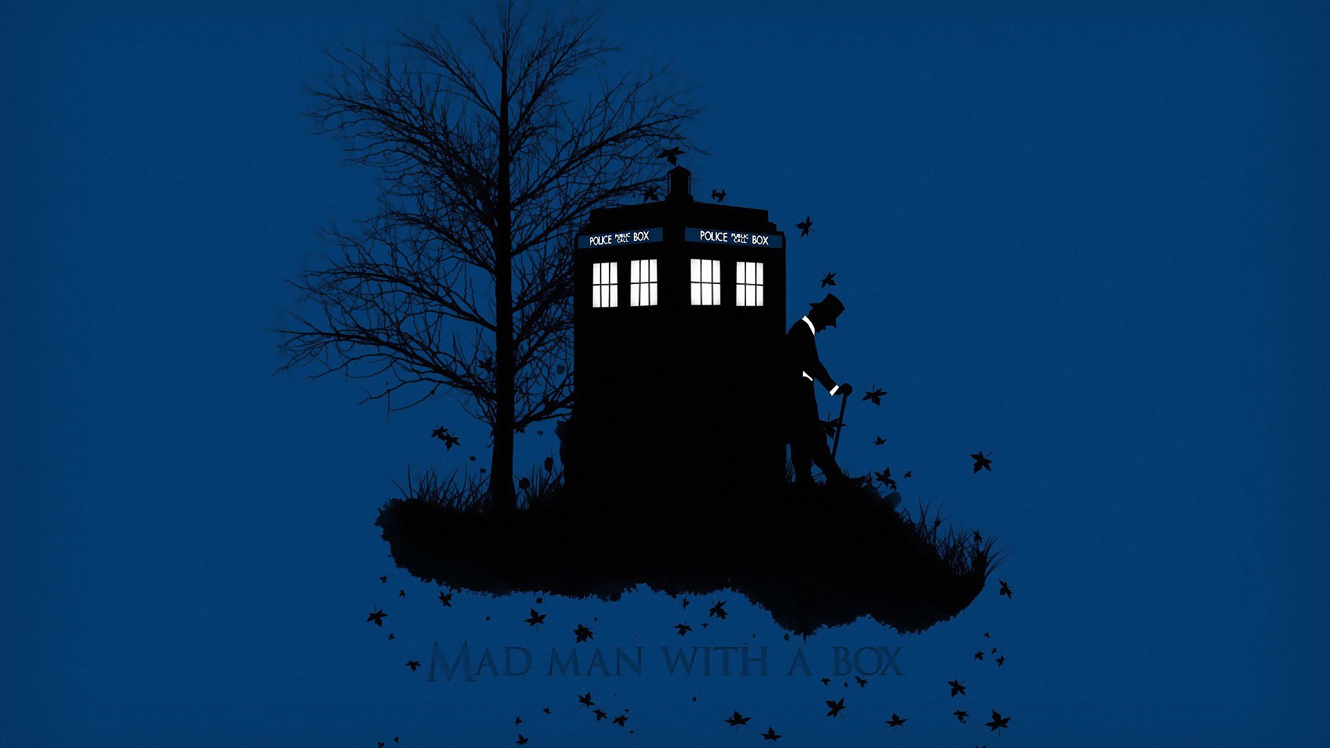 doctor who tardis cabina albero foglie erba autunno silhouette cappello cilindro canna sfondo