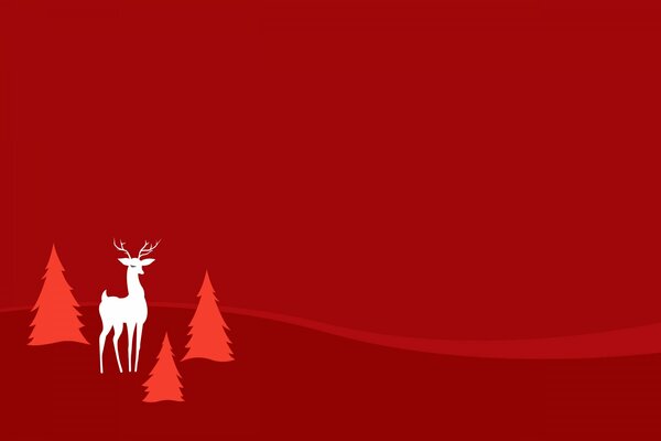 Cerf entre les sapins sur fond rouge