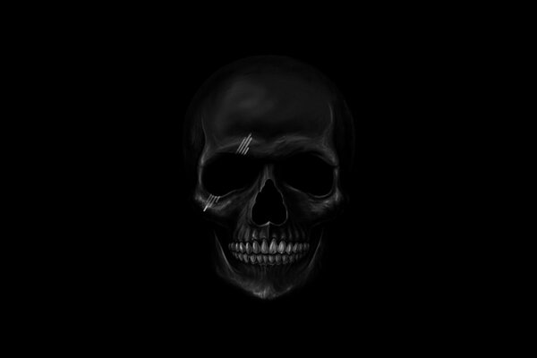 A skull with white teeth and a scar on a black background