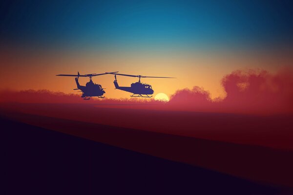 Na tle słońce zachodzi niebo kolorowe i helikoptery latają