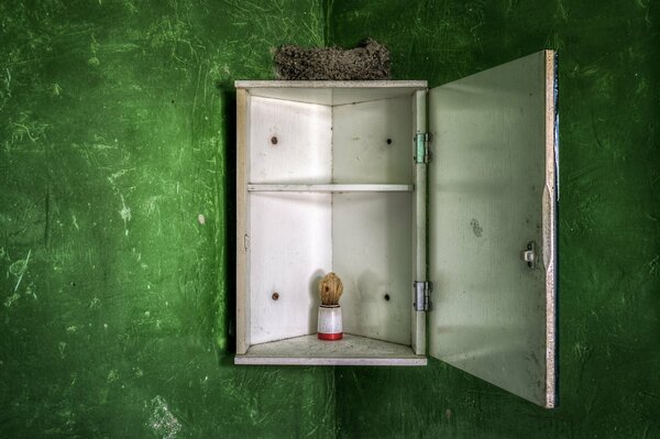 Im Hintergrund der grünen Wand befindet sich ein Badezimmerschrank mit Rasierzubehör