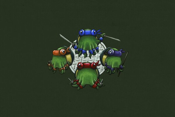 Cztery żółwie ninja w postaci ośmiornic na zielonym tle