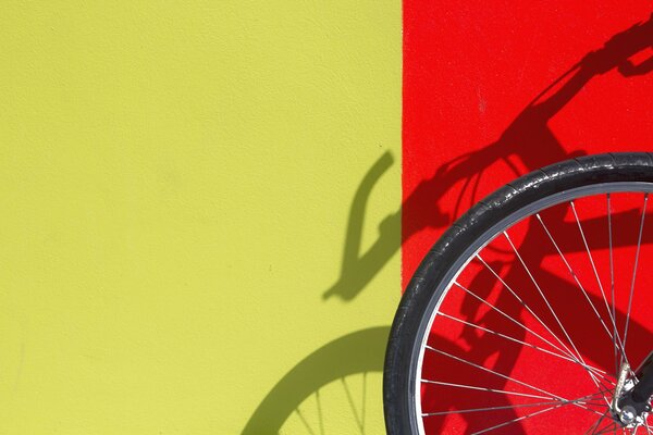 На красной стене тень велосипеда видно его колесо