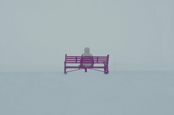 Homme sur un banc rose en hiver