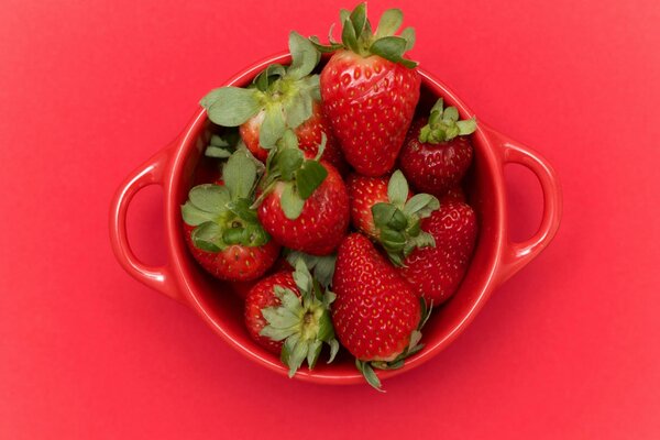 Red cup with red strawberries with tails