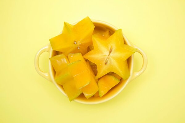 Yellow cup with pieces of corombola