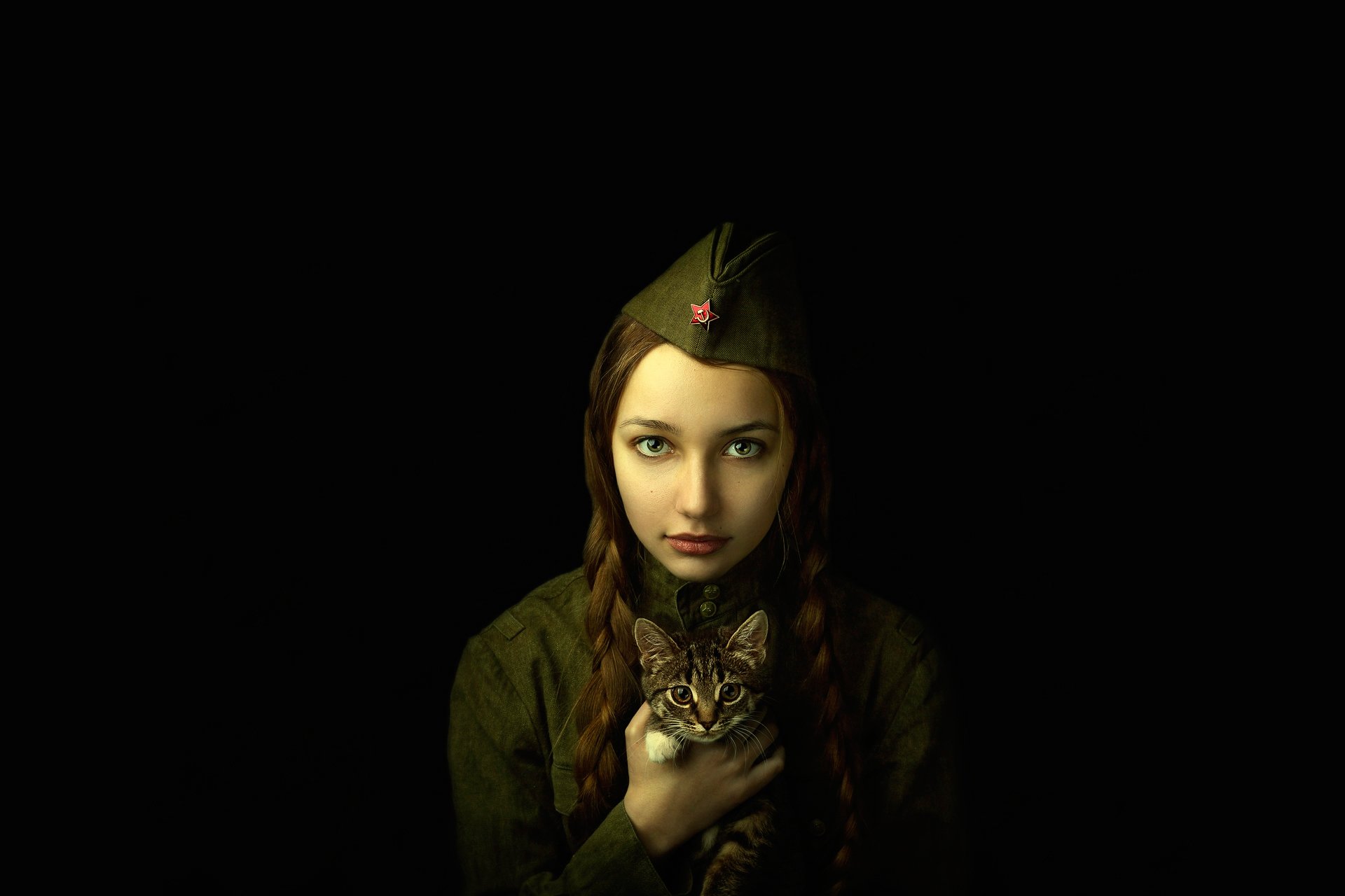 portrait girl pigtails military uniform cat