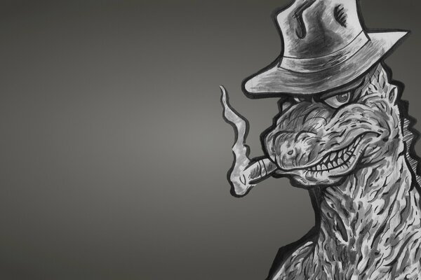 Dinosaur gunster in a hat smokes a cigar