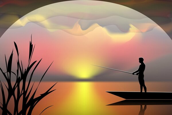 Silhouette of a fisherman with a fishing rod