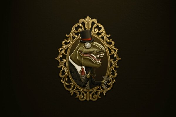 Framed portrait of a dinosaur wearing a monocle and a hat