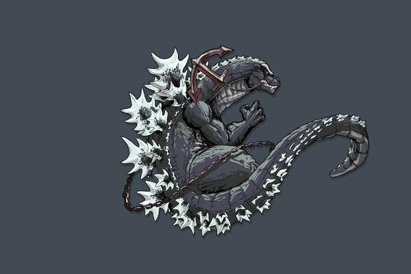 Ein Godzilla in Form eines Dinosauriers mit einem langen Kammschwanz